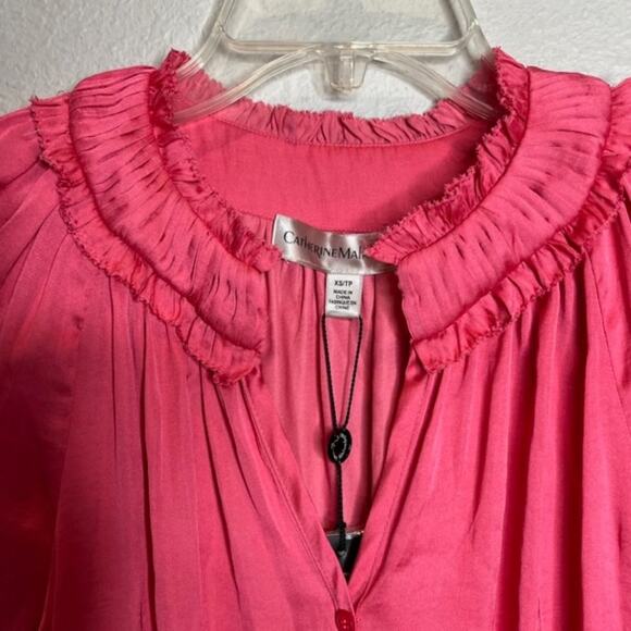 NEW Catherine Malandrino X-Small Silky Long Sleeve Ruffle Blouse Tango Pink - Picture 3 of 15